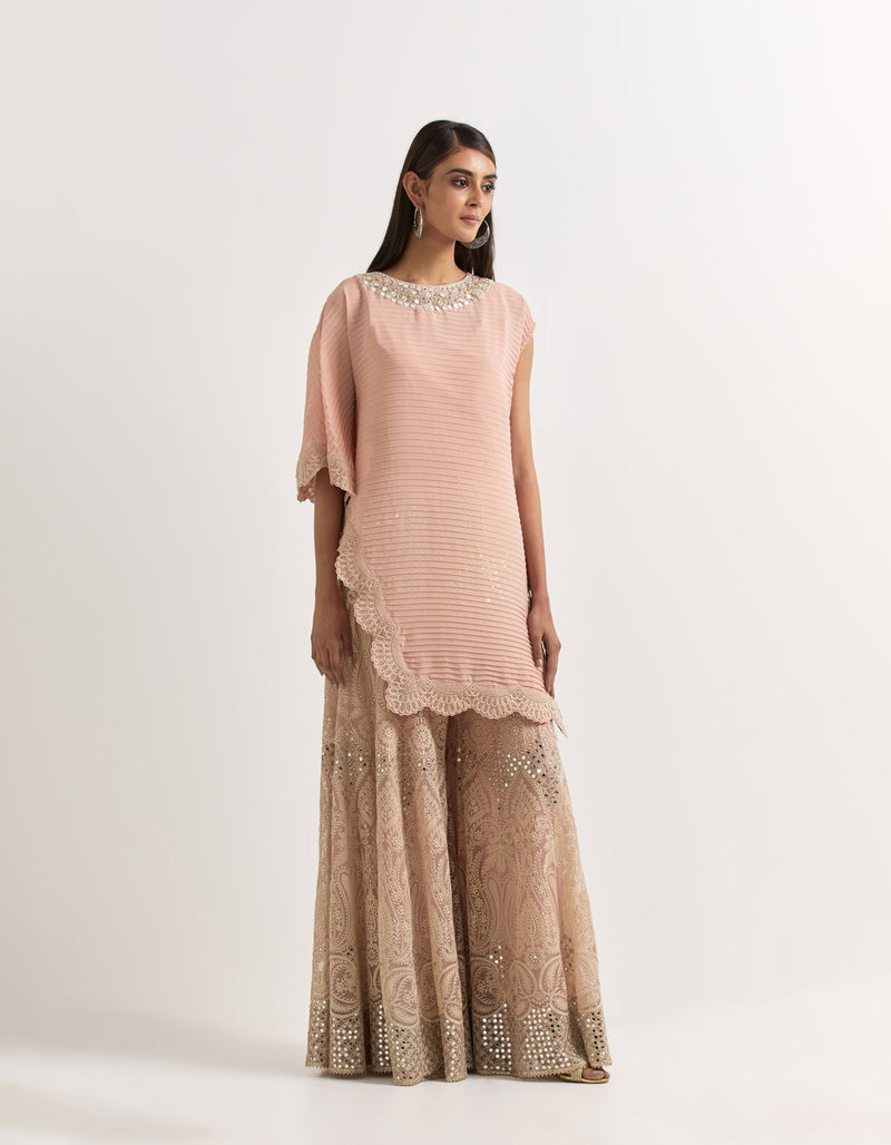 Pink Cape With  Sharara In Crinkle Georgette and Organza