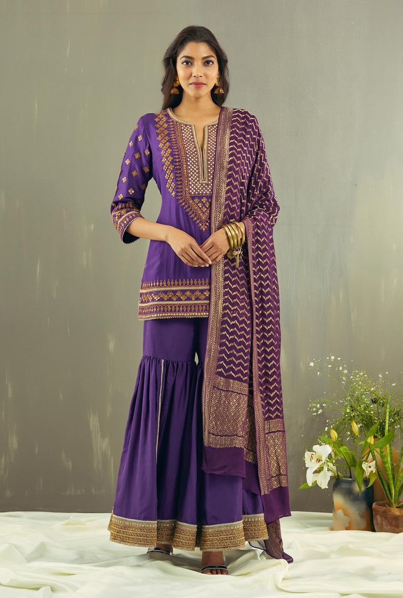 Purple Sequin Kurti Sharara Set