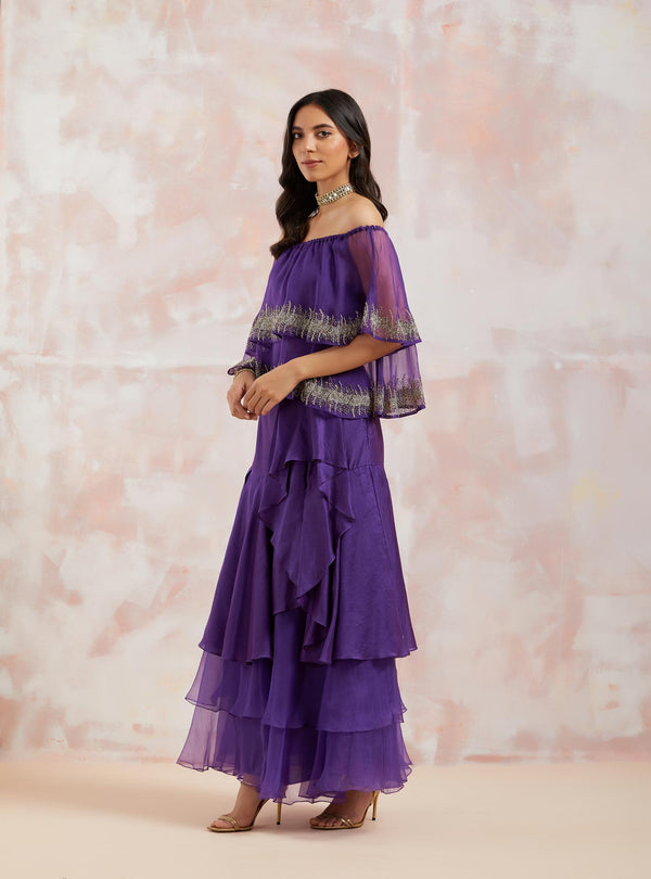 Purple Organza Top With Layered Drape Skirt