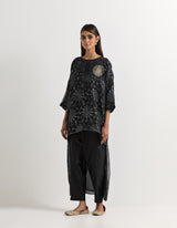 Black High Low Tunic With Wide Pants In Organza and Chanderi