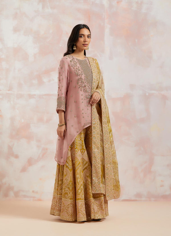 Nude Pink And Yellow Organza High Low Kurta With Sharara Set