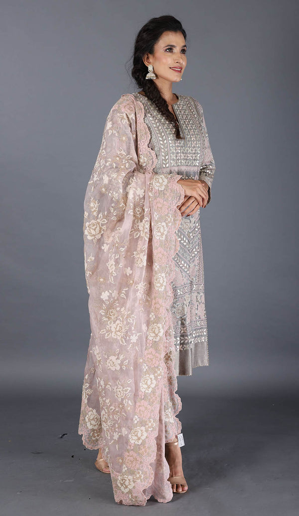 Grey And Light Pink Cross Stitch Embroidered And Gota Work Kurti Set