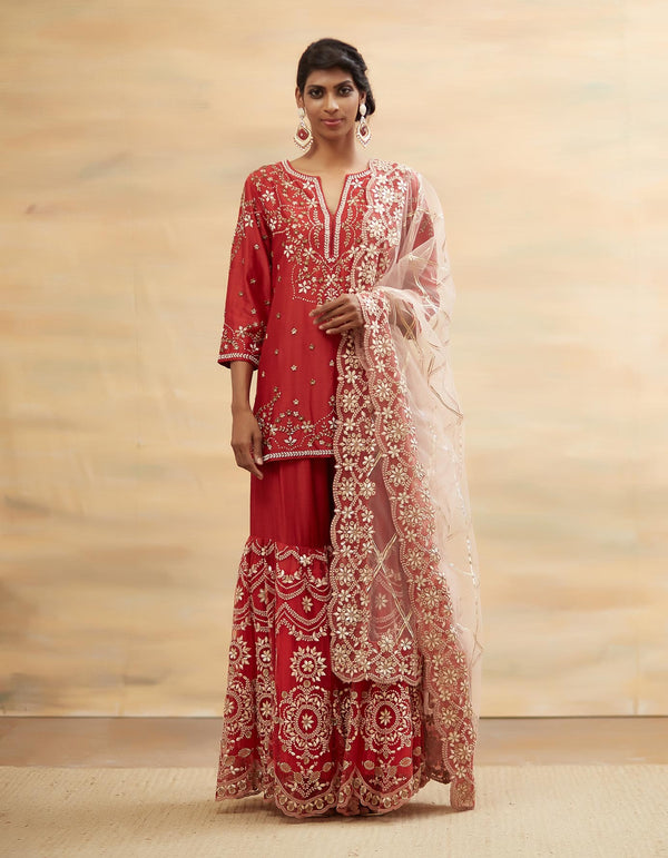 Red Hand Embroidered Festive Short Kurta Set