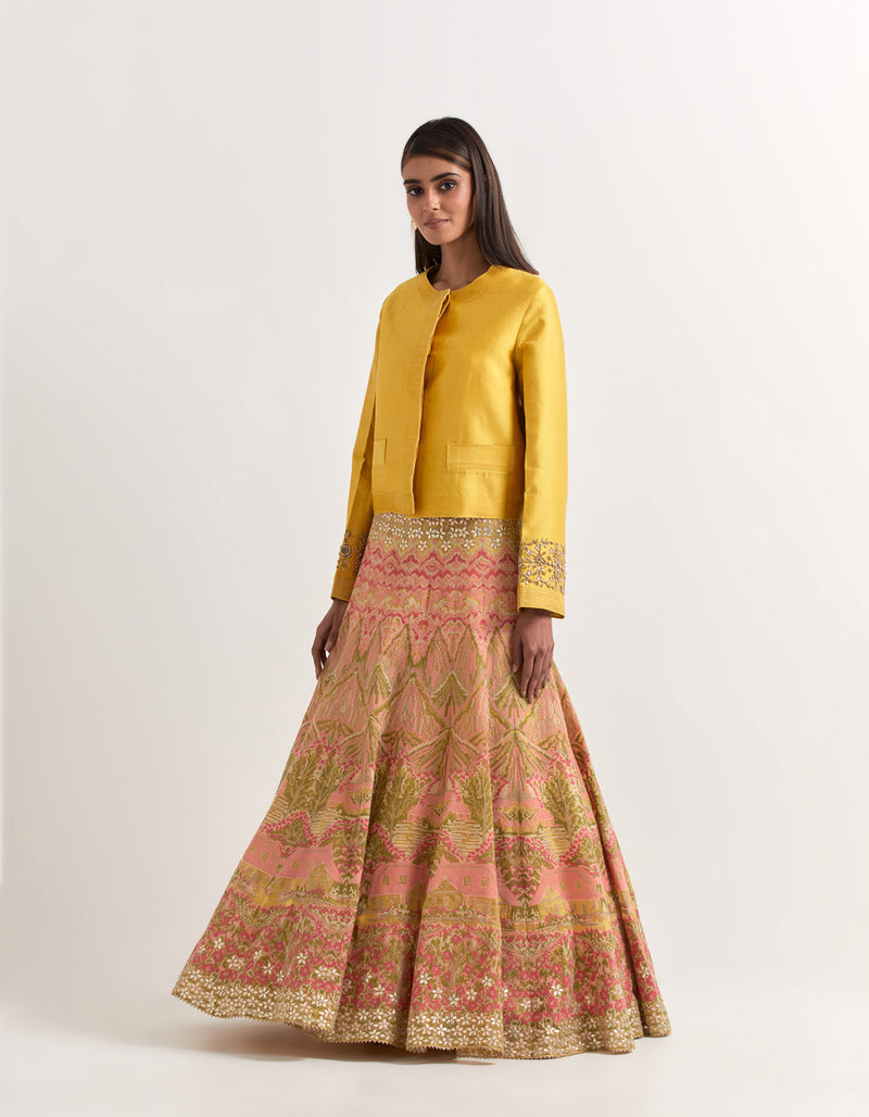 Yellow and Pink Jacket With Skirt In Chanderi and Organza