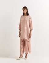 Pink High Low Tunic With Pants In Organza and Chanderi