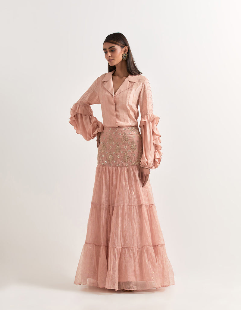 Pink Shirt With Tiered Skirt In Silkand Organza