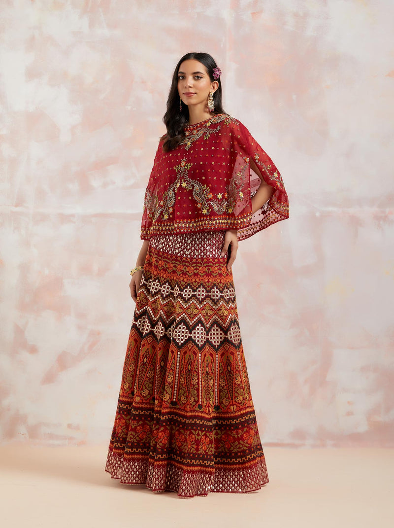 Maroon Organza Cape With Skirt