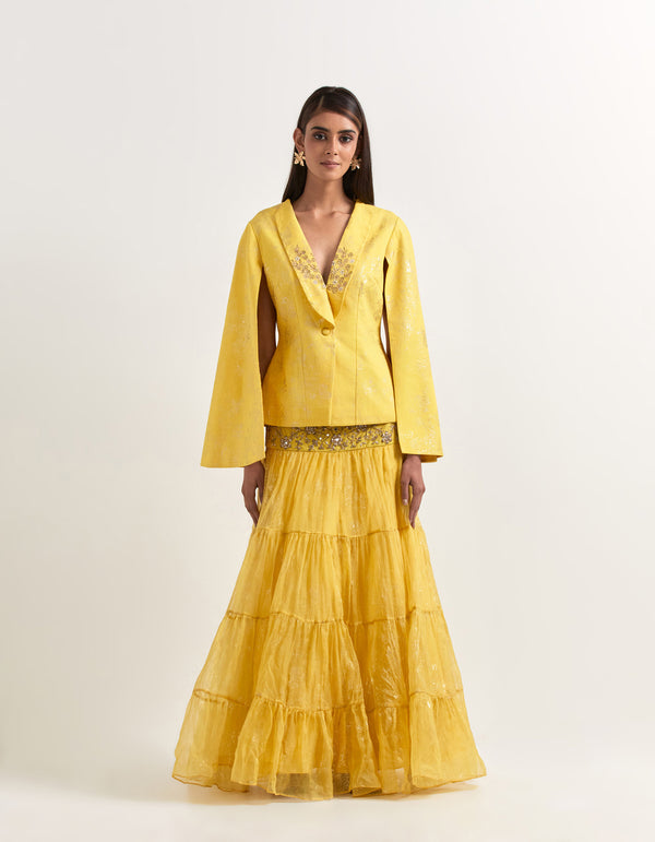 Yellow Jacket With Tiered Skirt In Linen and Organza