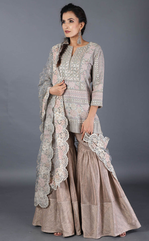 Grey Kurti Top With Embroidered Sharara Set