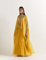 Yellow Cape With Tiered Skirt In Georgette and Organza