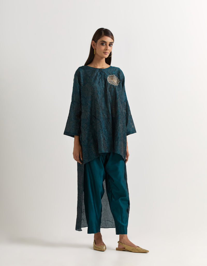 Teal Blue High Low Tunic With  Pants In Crush Silk  and Chanderi