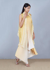 Yellow and Ivory Crinkle Drape Dress with Organza Cape