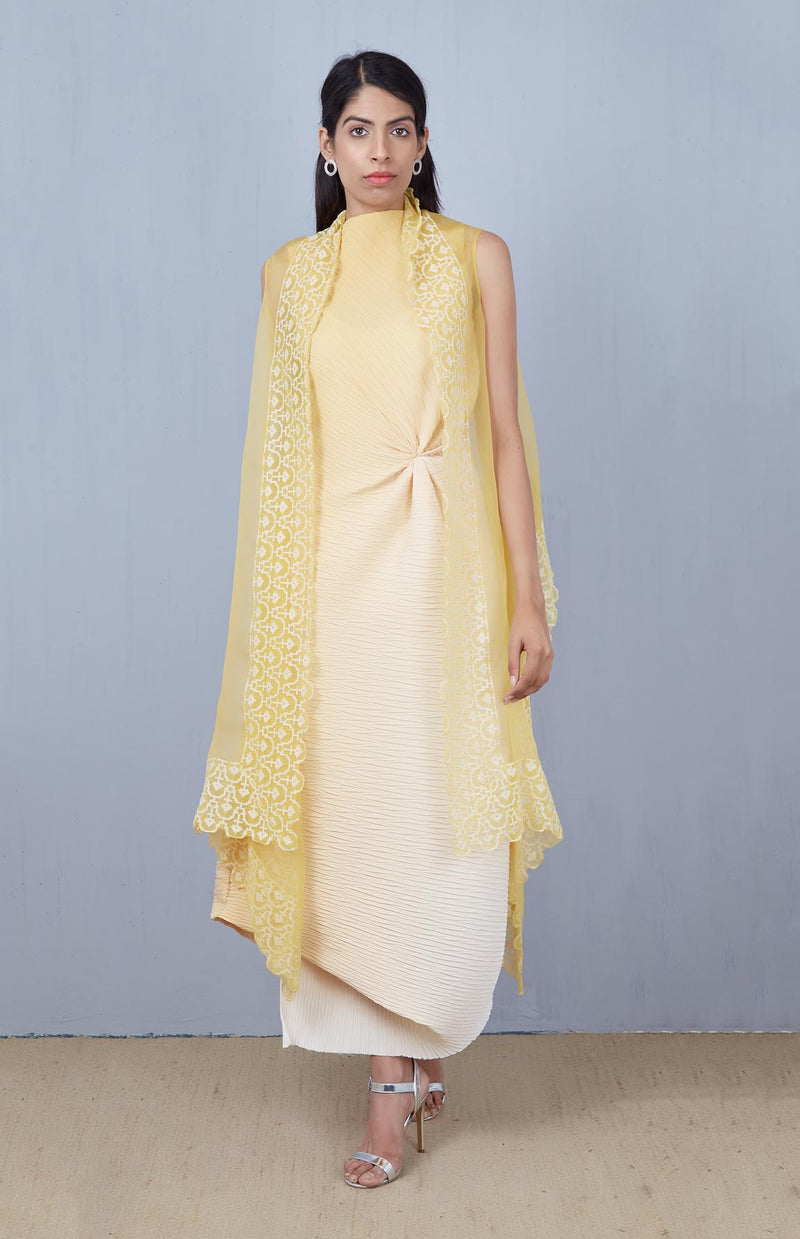 Yellow Crinkle Knot Dress with Organza Cape