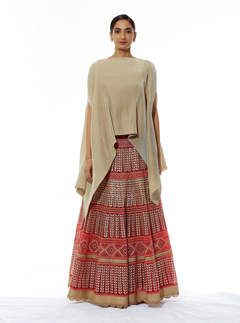Beige and Red Cape with Skirt with Gota Patti and Cross Stitch Embroidery