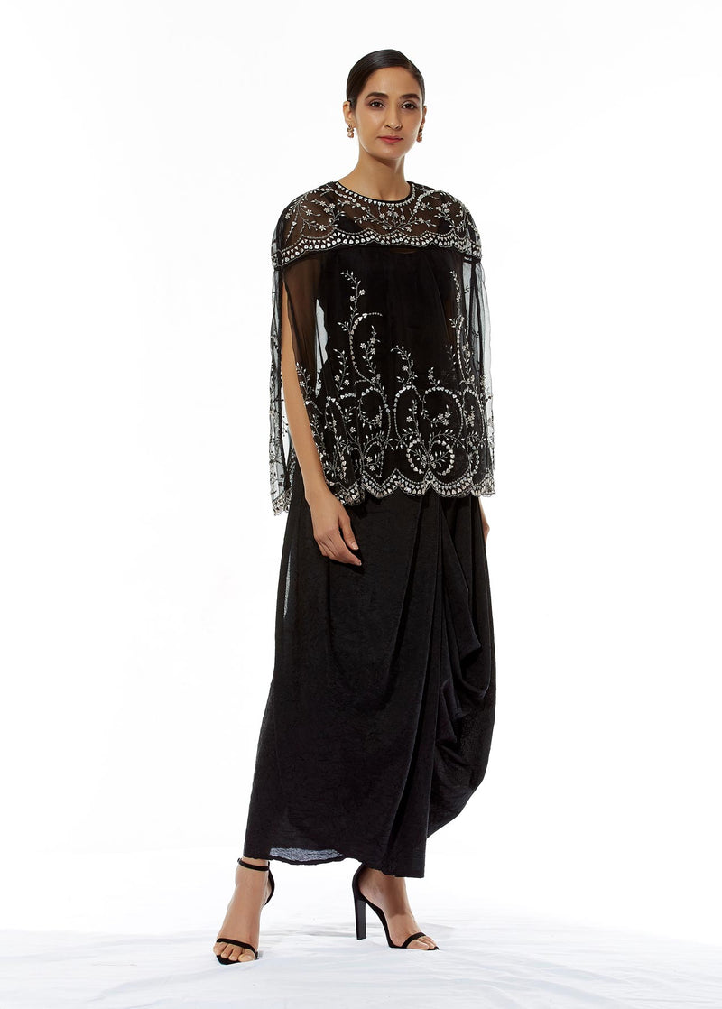 Hand Embroidered Black Cape and Skirt Set