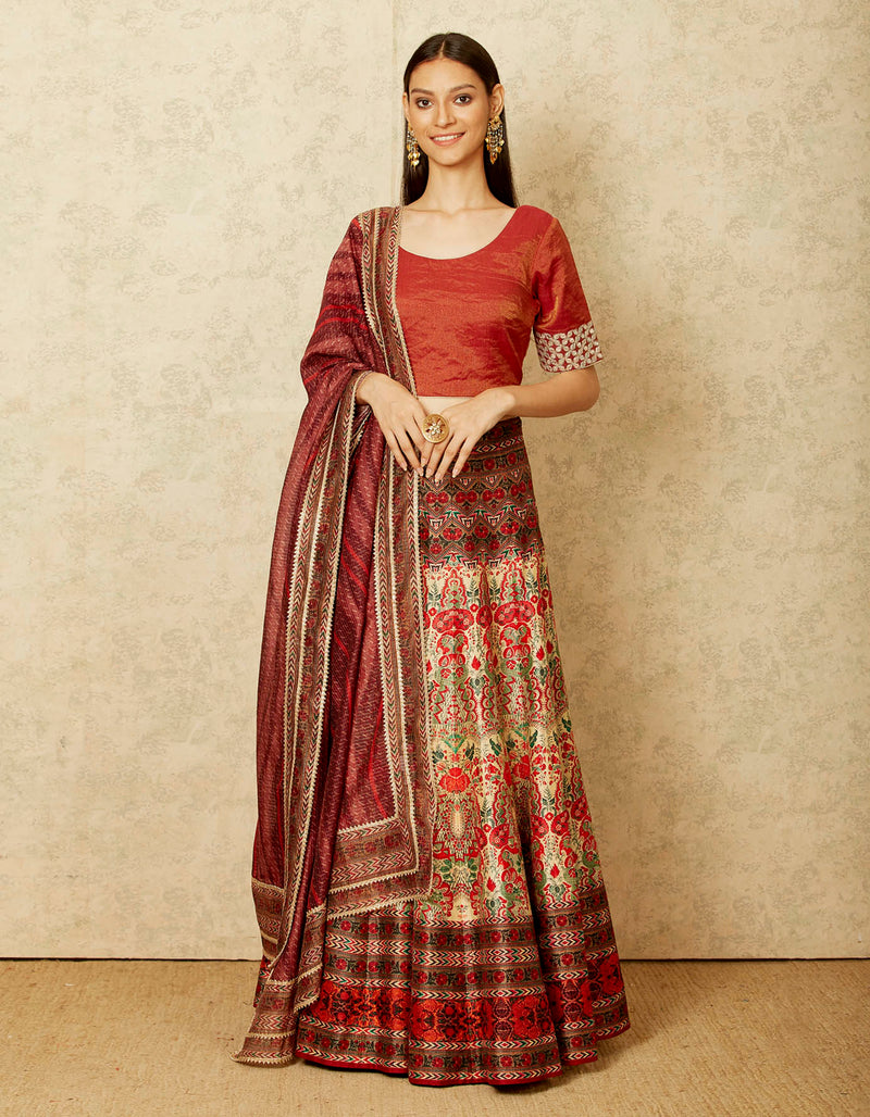 Maroon Lehenga Set with a Lehriya Dupatta