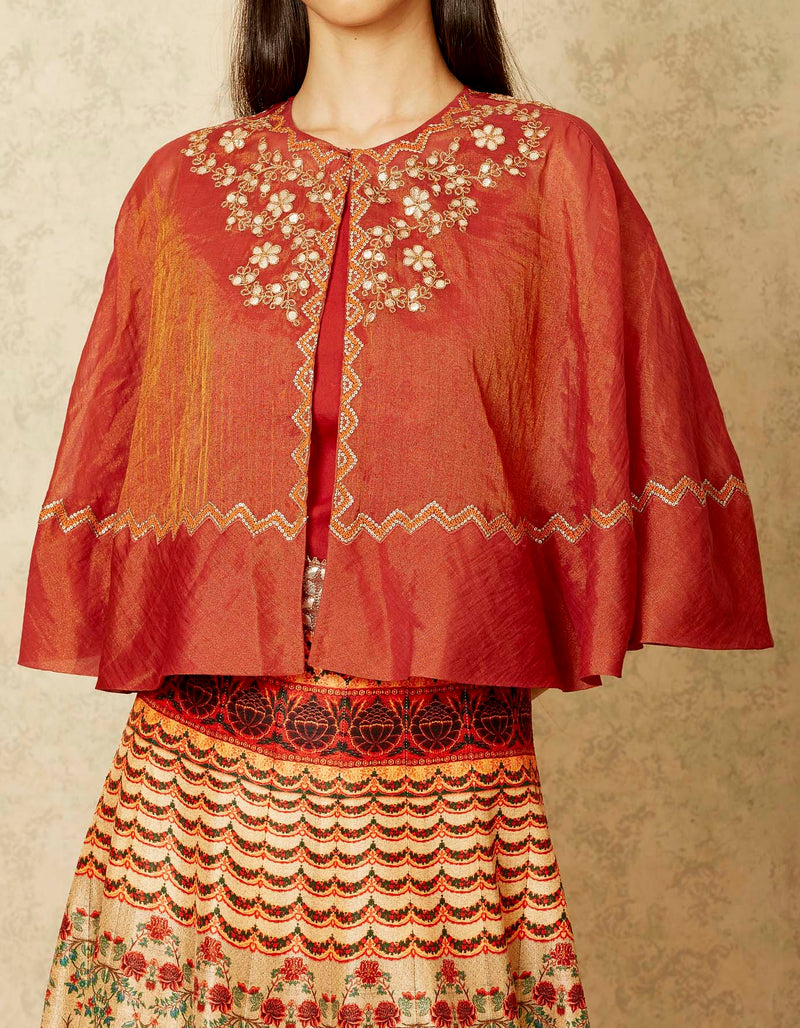 Beige and Maroon Chintz Printed Lehenga with Cape Set
