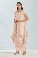Peach Organza Cape With Crinkle Dress