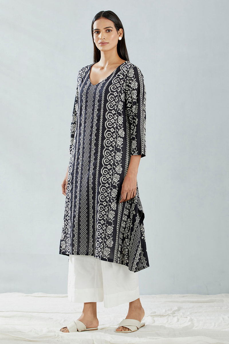 Black and White Printed Tunic with Pant