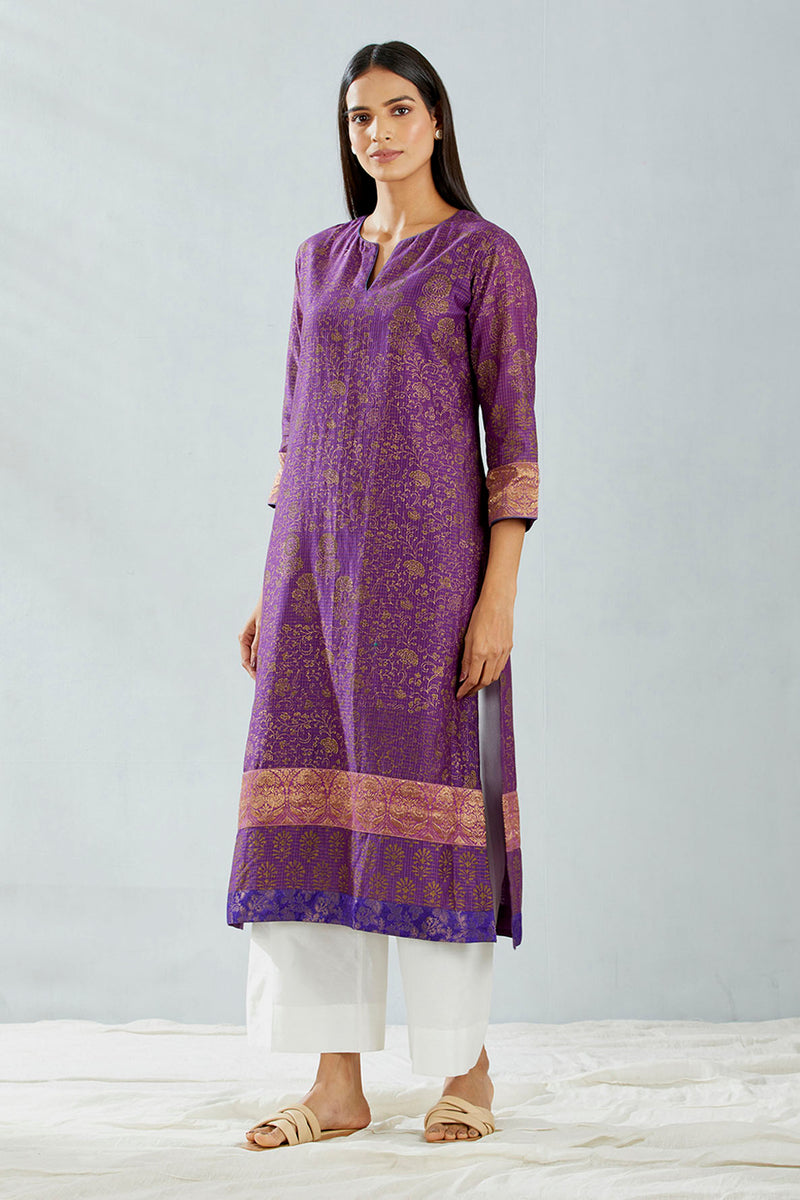 Purple Lurex Chanderi Hand Block Pinted Kurta