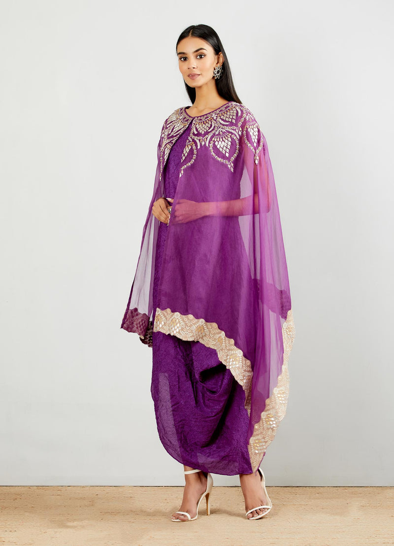 Purple Crinkle Dress Paired With Cape