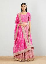 Hot Pink Gota Patti Embroidered Organza Skirt And Dupatta Paired With Dupion Silk Blouse