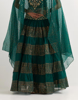 Bottle Green Cape With Tiered Skirt In Organza