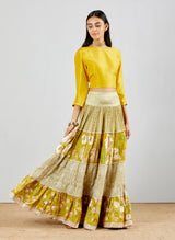 Silk Crop Top in Yellow with Print And Chikankari Embroidery Tiered Skirt