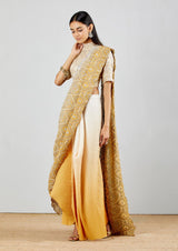 Shaded Crinkle Pre Stitched Hand Block Printed Saree With Hand Embroidered Blouse