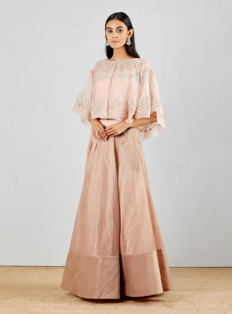 Blush Pink Front Open Cape In Intricate Bead Work With Dull Gold Textured Skirt