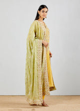 Yellow Long Straight Chanderi Silk Kurta With Slim Fit Pants And Dupatta