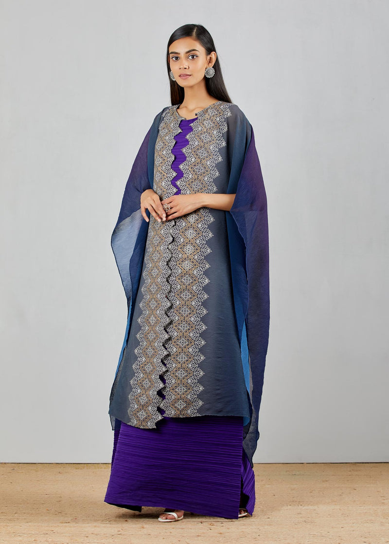 Shaded Blue Purple Crinkle Crepe Dress With Cape