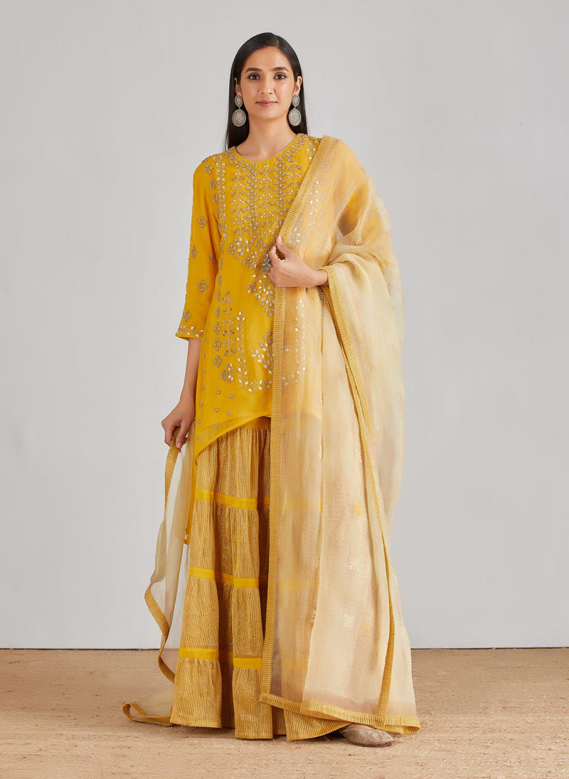 Yellow Hand Embellished High Low Tunic with Gold Lurex Tiered Sharara and Organza Dupatta