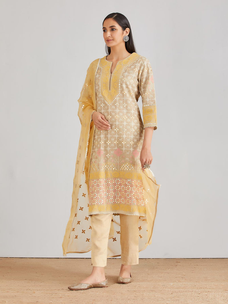 Beige Embroidered Kurta with Silk Tissue Pants and Dupatta