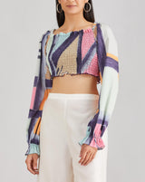 Multicolor Smocking Crop Top in Abstract Print