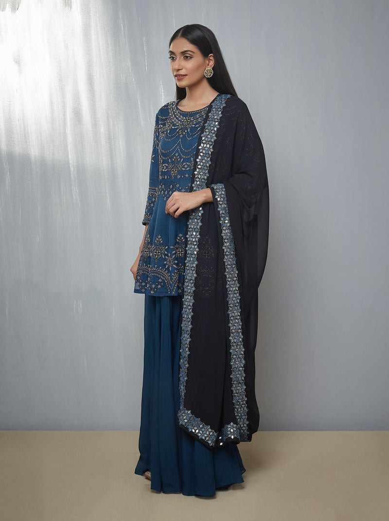 Blue Peplum Top with Sharara and Dupatta