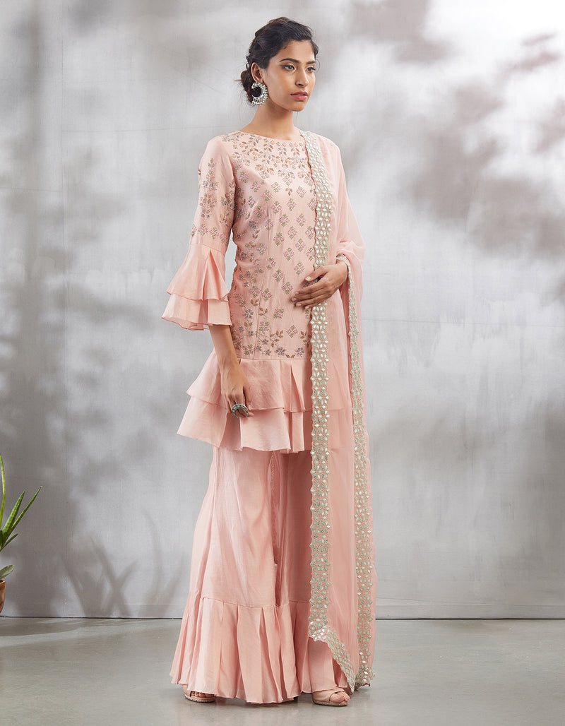 Peach Chikan Kari Kurta Set