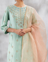 Peach Pink and Green Chikan Kari Kurta Set