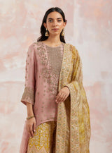 Nude Pink And Yellow Organza High Low Kurta With Sharara Set