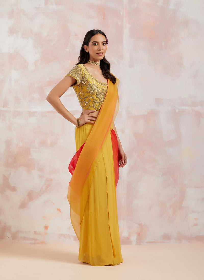 Yellow Pre Stitched Saree With Blouse