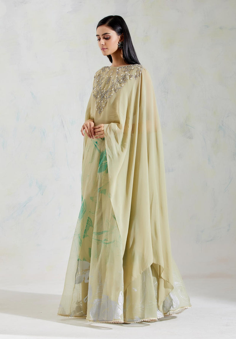 Green Georgette and Organza with Net Cape with Skirt