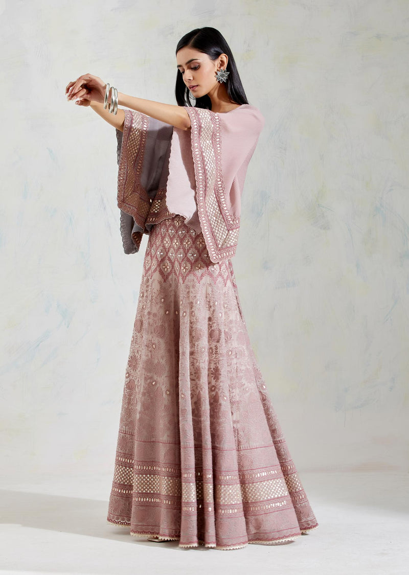 Pink and Grey Shaded Crinkle Georgette and Organza with K. Crepe Poncho with Skirt