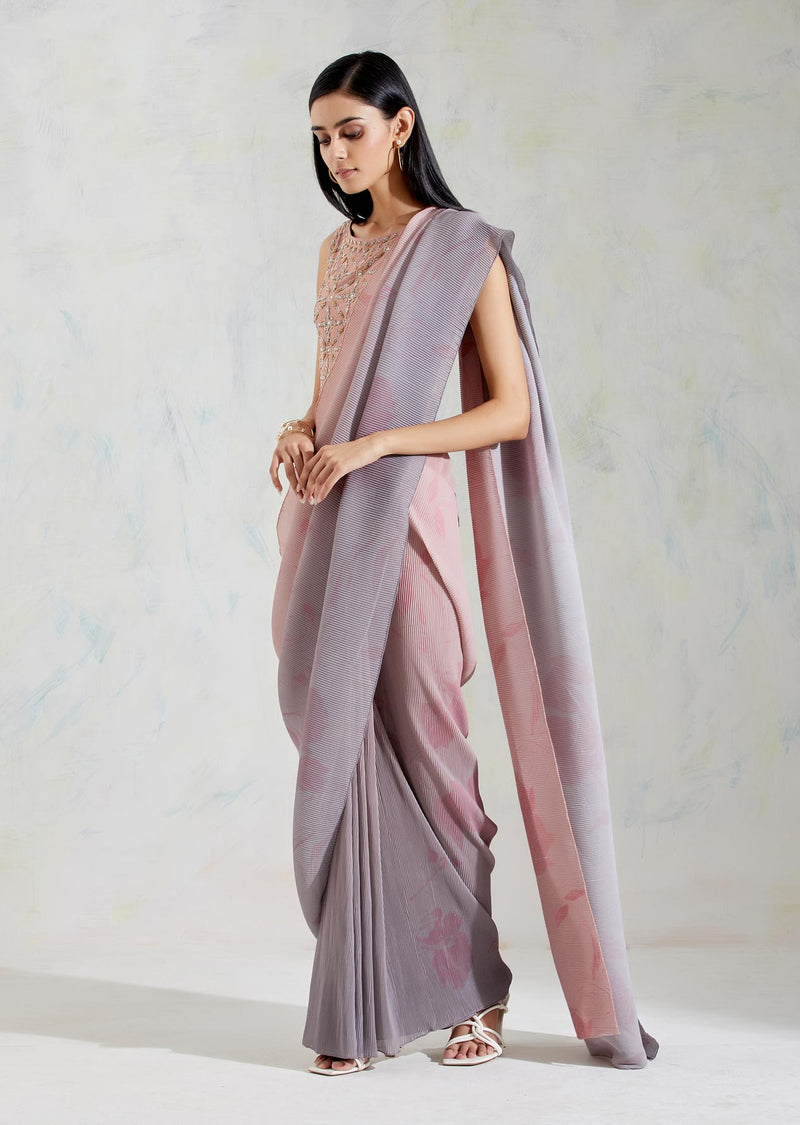 Pink and Grey Crinkle Georgette and Cotton Lycra Saree Set
