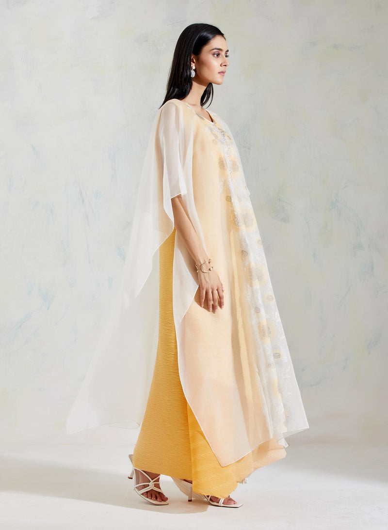 Ivory and Yellow Organza and Crinkle Crepe and Crinkle Georgette Cape and Dress