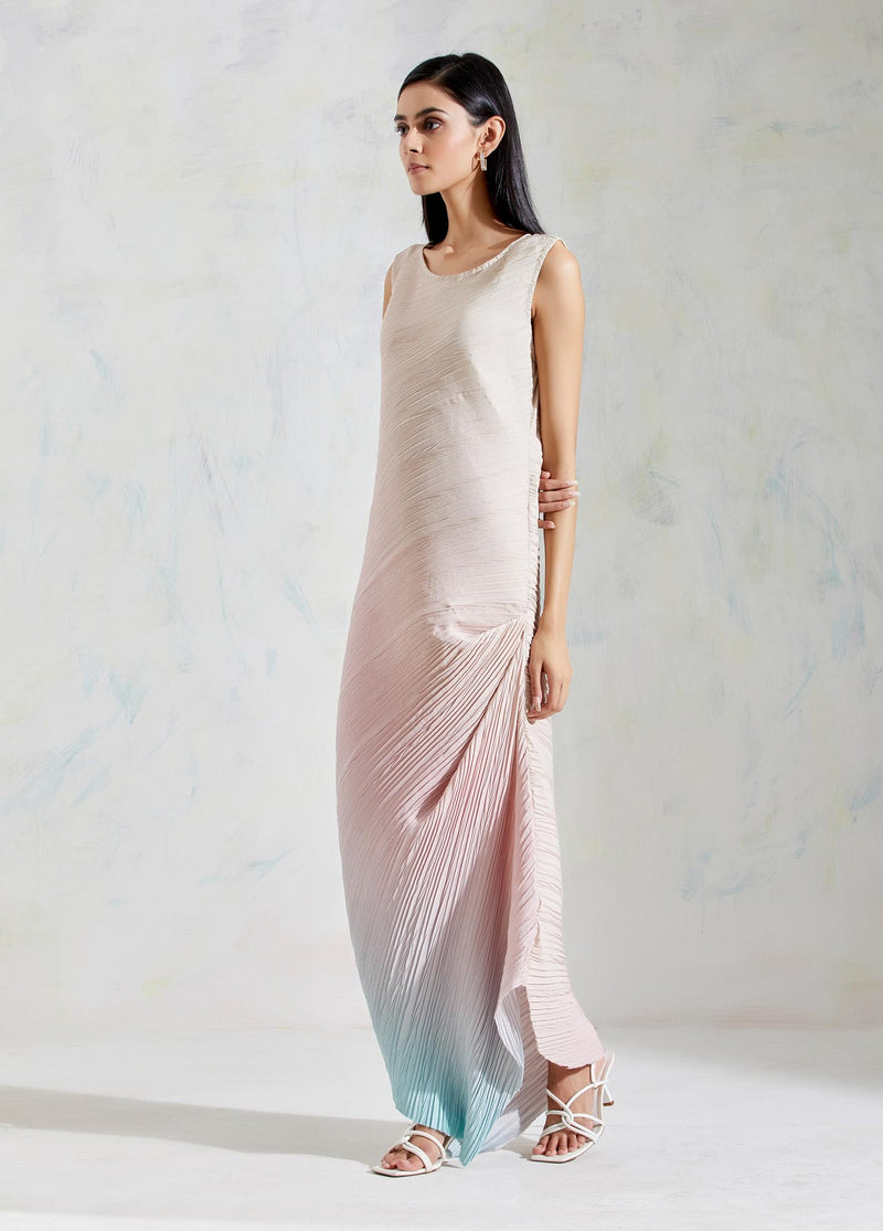 Aquatic Sage with Pink Shaded Crinkle Crepe Dress