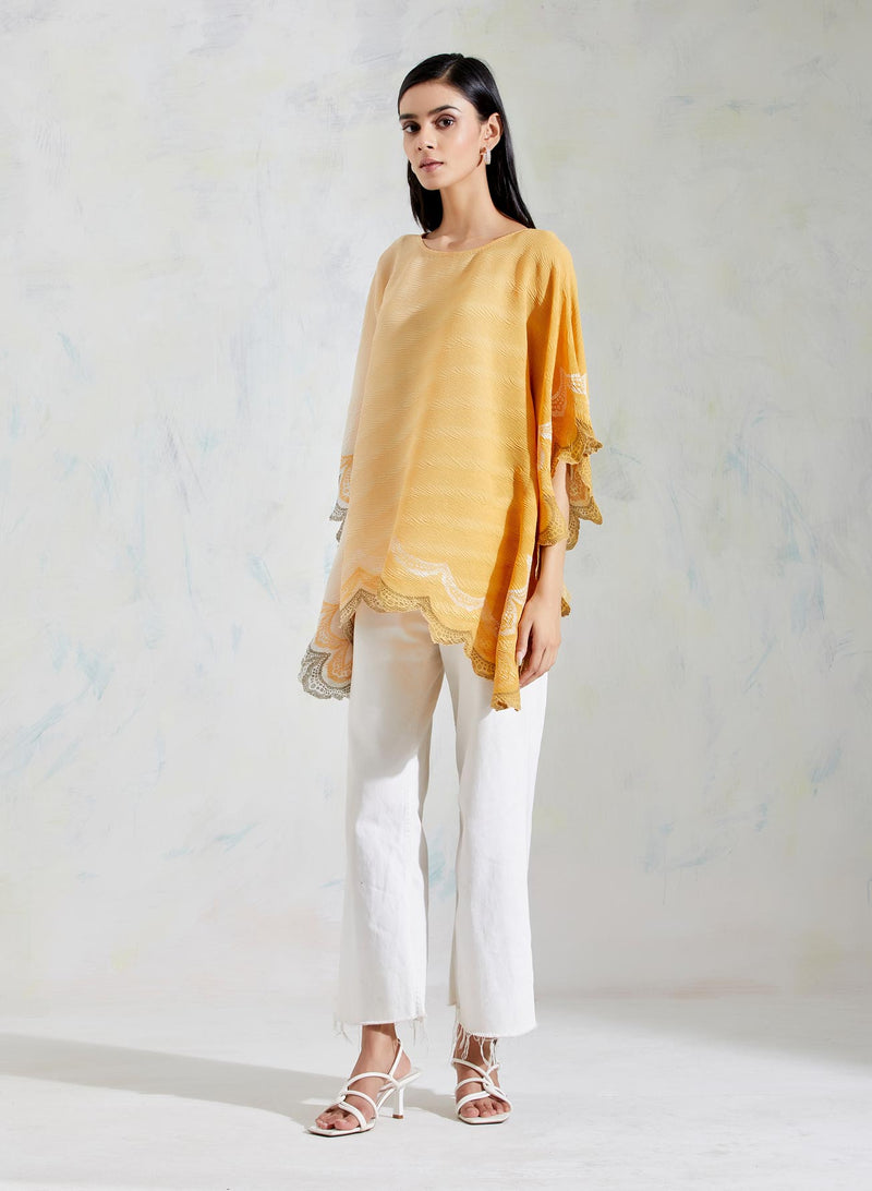 Ivory and Yellow Crinkle Georgette Poncho