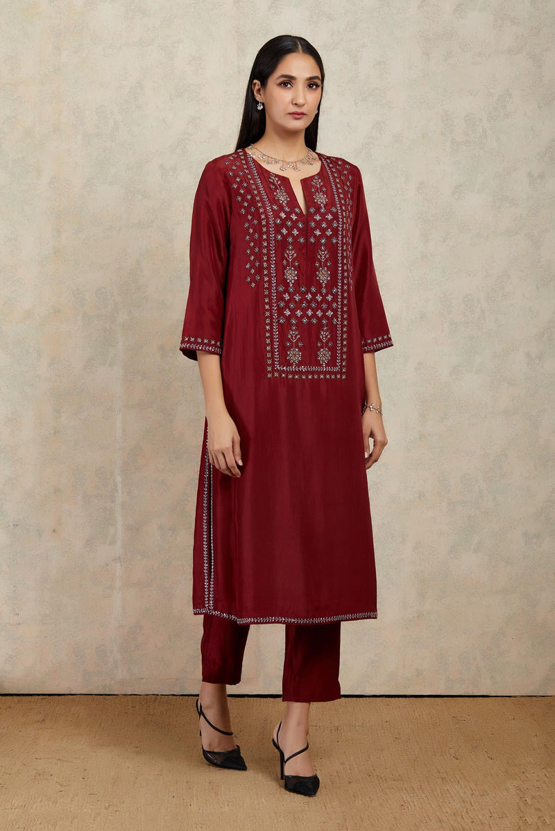 Deep Red Embroidered Kurta and Trouser Set