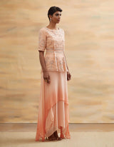 Peach Embroidered Peplum Top with Skirt