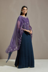 Blue Organza Printed Cape With Dress
