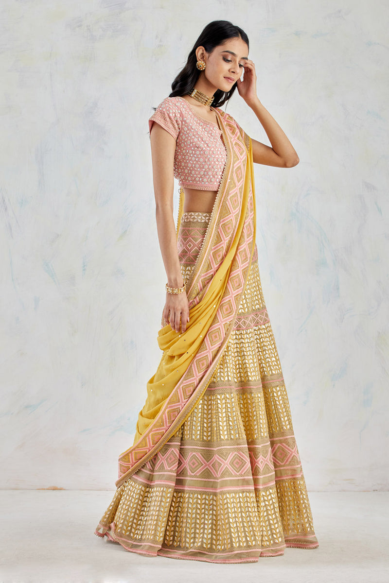 Blush Pink Hand Embroidered Stretch Lycra Blouse Paired With Gota Patti And Cross Stitch Embroidered Lehnga Saree